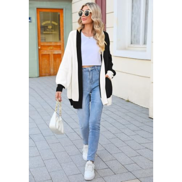 2024 Fall Casual Cardigan for Women Long Sleeve Open Front Ribbed Knit Oversized Cardigans Sweaters with Pockets Black/White M