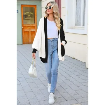 2024 Fall Casual Cardigan for Women Long Sleeve Open Front Ribbed Knit Oversized Cardigans Sweaters with Pockets Black/White M