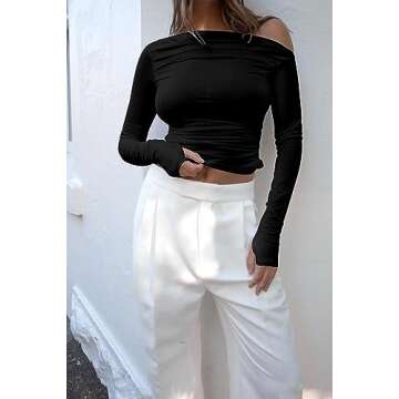 J.Corrine Women's Cropped Off Shoulder Tops Long Sleeve Asymmetrical Unique Ruched Y2K Tees Soft Shi...