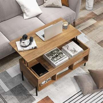 Tangkula Lift Top Coffee Table with Metal Legs, Rising Center Table w/Hidden Compartment & 3 Open Cu...