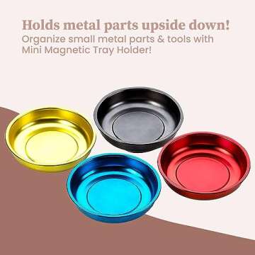 Katzco Magnetic Mini Tray Holders - 4 Pack Multi Color - Use in Garage, Home, Construction - for Nuts, Bolts, Washers, Iron, Nails, Screws, Sockets, Bits, Etc. - 4 Inch Diameter x 1-1/4 Inch Depth