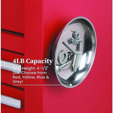 Katzco Magnetic Mini Tray Holders - 4 Pack Multi Color - Use in Garage, Home, Construction - for Nuts, Bolts, Washers, Iron, Nails, Screws, Sockets, Bits, Etc. - 4 Inch Diameter x 1-1/4 Inch Depth