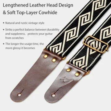 MUSILY Guitar Strap, Modern Embroidery Cotton & Extended Leather Ends for Bass, Acoustic & Electric Guitar Excellence, Enjoy Comfort and Style in Your Performances! (Diamond Fret)