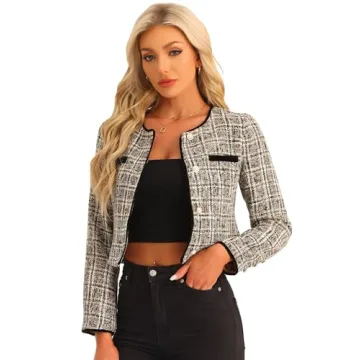 Allegra K Tweed Jacket for Women - Casual Round Neck Button Front Closure Long Sleeve in Small Apric...