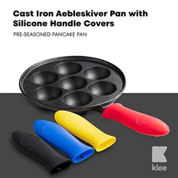 Klee Cast Iron Aebleskiver Pan with Silicone Handle Covers - Pre-Seasoned, Non-Stick Pancake Pan for Pan for Danish Stuffed Pancake Balls - 8" Diameter, 1.5" Deep