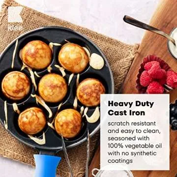 Klee Cast Iron Aebleskiver Pan with Silicone Handle Covers - Pre-Seasoned, Non-Stick Pancake Pan for Pan for Danish Stuffed Pancake Balls - 8" Diameter, 1.5" Deep