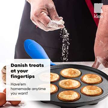 Klee Cast Iron Aebleskiver Pan with Silicone Handle Covers - Pre-Seasoned, Non-Stick Pancake Pan for Pan for Danish Stuffed Pancake Balls - 8" Diameter, 1.5" Deep