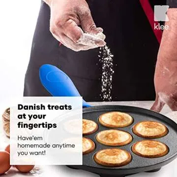 Klee Cast Iron Aebleskiver Pan with Silicone Handle Covers - Pre-Seasoned, Non-Stick Pancake Pan for Pan for Danish Stuffed Pancake Balls - 8" Diameter, 1.5" Deep