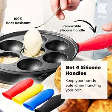 Klee Cast Iron Aebleskiver Pan with Silicone Handle Covers - Pre-Seasoned, Non-Stick Pancake Pan for Pan for Danish Stuffed Pancake Balls - 8" Diameter, 1.5" Deep