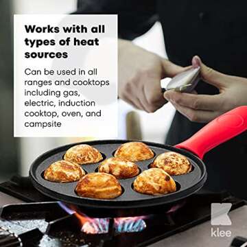 Klee Cast Iron Aebleskiver Pan with Silicone Handle Covers - Pre-Seasoned, Non-Stick Pancake Pan for Pan for Danish Stuffed Pancake Balls - 8" Diameter, 1.5" Deep