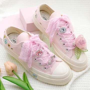 WEGOODZF Flat Lace Fancy Shoelaces: 3CM Wide Light Pink Lace Shoe Laces for Women 47 inch - 2 Pairs