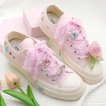 WEGOODZF Flat Lace Fancy Shoelaces: 3CM Wide Light Pink Lace Shoe Laces for Women 47 inch - 2 Pairs