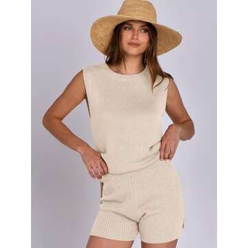 ANRABESS Women Summer 2 Piece Outfits Sleeveless Knit Sweater Top & Shorts Soft Lounge Sets Travel Beach 2025 Spring Clothes Beige Small