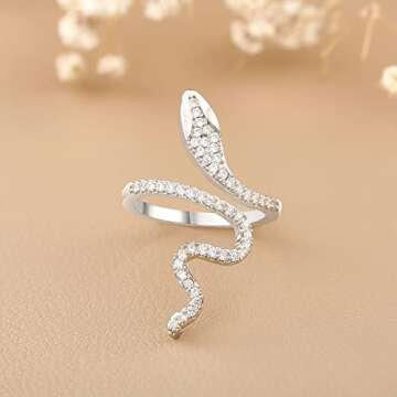 LEE&RO Snake Ring for Women 18K Snake Jewelry Rhinestone Snake Rings Silver Snake Ring Snake Accessories for Women