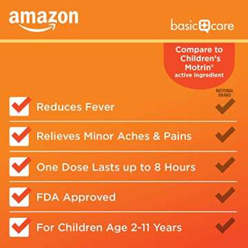 Amazon Basic Care Children's Ibuprofen Chewable Tablets, 100 mg, Pain Reliever and Fever Reducer, Orange Flavor, For Aches, Pains, Sore Throat, Toothache and Headache Relief, 24 Count