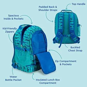 Bentgo Kids 2-in-1 Backpack & Insulated Lunch Bag - Durable 16” Backpack & Lunch Container in Unique Prints for School & Travel - Water Resistant, Padded & Large Compartments (Shark)