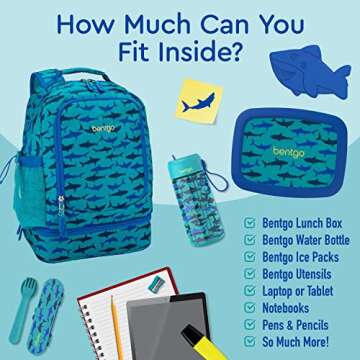 Bentgo Kids 2-in-1 Backpack & Insulated Lunch Bag - Durable 16” Backpack & Lunch Container in Unique Prints for School & Travel - Water Resistant, Padded & Large Compartments (Shark)