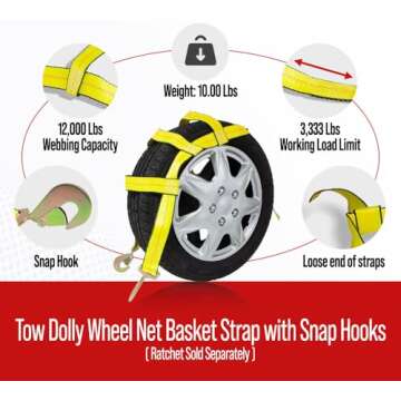 Mytee Products (4 Pack) Tow Dolly Wheel Net Basket Straps w/Snap Hooks