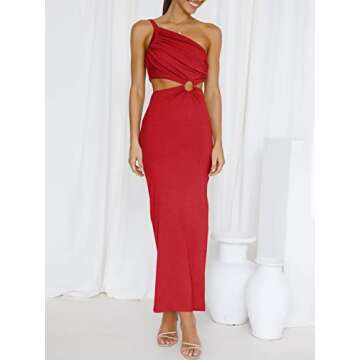 ANRABESS Women Summer One Shoulder Sleeveless Maxi Dress Cutout Sexy Bodycon Semi Formal Dinner Date Vacation Dresses Red Small