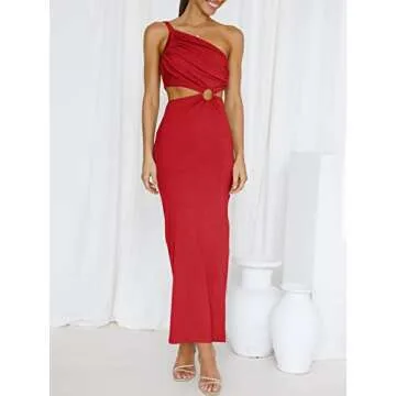 ANRABESS Women Summer One Shoulder Sleeveless Maxi Dress Cutout Sexy Bodycon Semi Formal Dinner Date Vacation Dresses Red Small