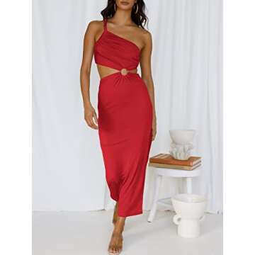 ANRABESS Women Summer One Shoulder Sleeveless Maxi Dress Cutout Sexy Bodycon Semi Formal Dinner Date Vacation Dresses Red Small