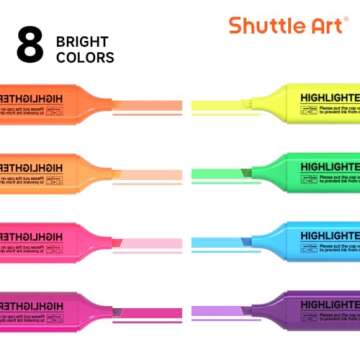 Shuttle Art Highlighters, 8 Assorted Colors Highlighter Pens, Chisel Tip Dry-Quickly Non-Toxic Highl...