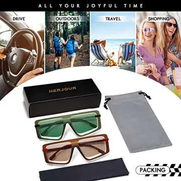 HERJOUR Retro Square Oversized Sunglasses for Women and Men Trendy Sun Glasses AR82157, Green+Brown/Red 2 Pieces