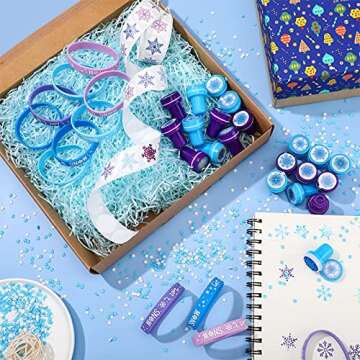 Snowflake Winter Frozen Party Favors Winter Themed Party supplie Includes snowflake Silicone Bracelets Stampers Stickers Soft Clay Snowflakes for Winter Birthday Party, Reward Prizes for kids