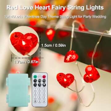 KAiSnova Valentine’s Day Fairy String Lights 10FT 40 LEDs Red Heart Fairy Lights Valentine's Day Lights Battery Powered with Remote & Timer Twinkle String Lights for Wedding Party Mother Day Decor