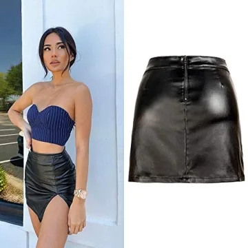 NASUN Women's Stretch Faux Leather Skirt High Waist Split Mini Bodycon Pencil Skirt HS031 M Black