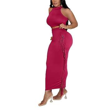 Vrtige Women's 2 Piece Outfits Halter Sleeveless Crop Top and Fringe Bodycon Maxi Skirt Set Rose Medium