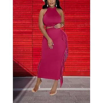 Vrtige Women's 2 Piece Outfits Halter Sleeveless Crop Top and Fringe Bodycon Maxi Skirt Set Rose Medium