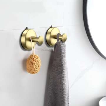 DGYB Suction Cup Hooks for Shower Set of 2 Gold Towel Hooks for Bathrooms Waterproof Stainless Showe...