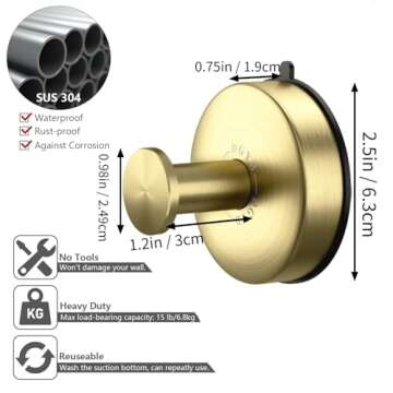 DGYB Suction Cup Hooks for Shower Set of 2 Gold Towel Hooks for Bathrooms Waterproof Stainless Shower Hooks for Inside Shower 15 Lb Bathroom Hooks for Towels