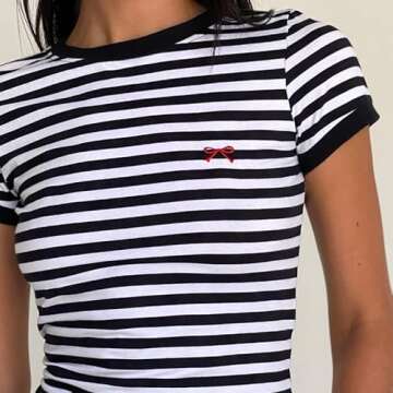Women Y2K Bow Print T Shirt Cute Graphic Baby Tees Short Sleeve Crop Top E Girls Aesthetic Clothes(Bow Embroidered Striped Black,Small)