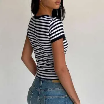 Women Y2K Bow Print T Shirt Cute Graphic Baby Tees Short Sleeve Crop Top E Girls Aesthetic Clothes(Bow Embroidered Striped Black,Small)