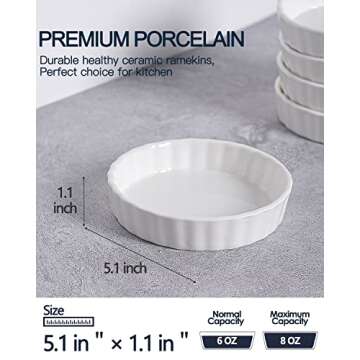 Taeochiy 8 Oz Creme Brulee Ramekins Set of 6 - Elegant Porcelain Bakeware