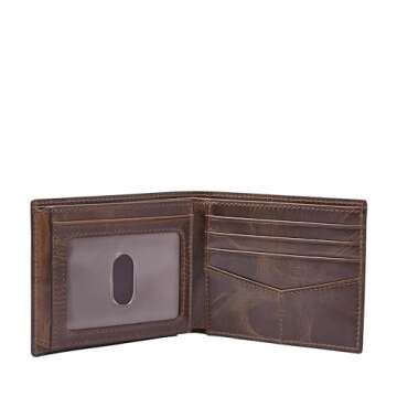 Fossil Men's Derrick Leather RFID-Blocking Bifold Wallet, Dark Brown