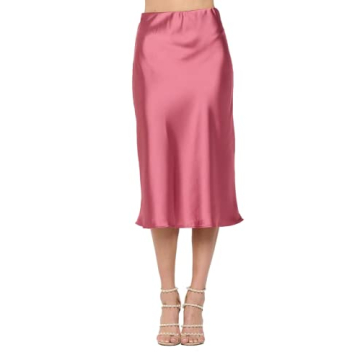 Women Solid High Waist Silky Casual Elastic Satin Midi Skirt