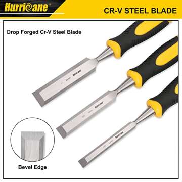 Hurricane 3 Piece Wood Chisel Set, Cr-V Construction for Woodworking Carving, Ergonomic TyreGrip Handle with Hardened Strike Cap