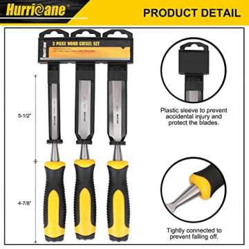 Hurricane 3 Piece Wood Chisel Set, Cr-V Construction for Woodworking Carving, Ergonomic TyreGrip Handle with Hardened Strike Cap