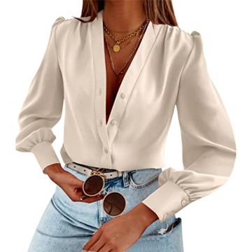 Women's Business Casual Tops Summer Long Sleeve Silk Button Down Shirts V Neck Chiffon Blouses A-Bei...