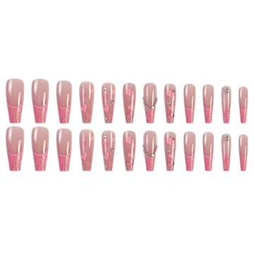 MISUD Valentine's Day Press on Nails Long Coffin Fake Nails Glossy Glue on Ballerina Nails Pink Heart Acrylic Nails Bling Glitter French Tip Artificial Nails Rhinestone False Nails with Design 24 pcs