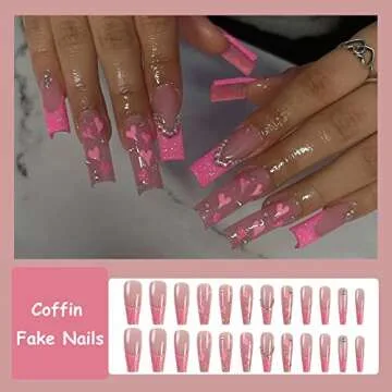 MISUD Valentine's Day Press on Nails Long Coffin Fake Nails Glossy Glue on Ballerina Nails Pink Heart Acrylic Nails Bling Glitter French Tip Artificial Nails Rhinestone False Nails with Design 24 pcs