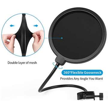 Microphone Pop Filter for Blue Yeti and Other Mic, Dual Layered Wind Pop Screen with Flexible 360° Gooseneck Clip Stabilizing Arm