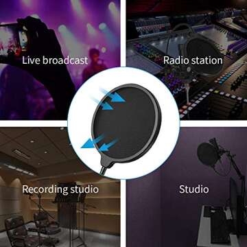 Microphone Pop Filter for Blue Yeti and Other Mic, Dual Layered Wind Pop Screen with Flexible 360° Gooseneck Clip Stabilizing Arm