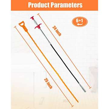 LONGGUI 25in & 24in Drain Clog Remover Tool (7pcs), Clears Hair Clogs in Sinks, Tubs & Toilets