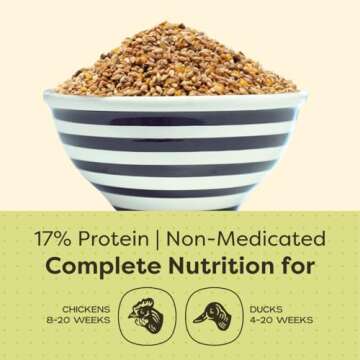 Scratch and Peck Whole Grain Grower Mash Chicken and Duck Feed - Corn-Free and Soy-Free - 17% Protein, Certified Organic and Non-GMO Project Verified Chicken Food - 25 lbs Bag