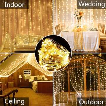 hyrion 300Led Curtain Lights, 8 Mode Christmas Window Fairy Light with Remote, USB Plug in String Hanging Lights for Bedroom Wedding Party Outdoor Indoor Wall Decoration (9.8ft*9.8ft, Warm White)