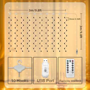 hyrion 300Led Curtain Lights, 8 Mode Christmas Window Fairy Light with Remote, USB Plug in String Hanging Lights for Bedroom Wedding Party Outdoor Indoor Wall Decoration (9.8ft*9.8ft, Warm White)